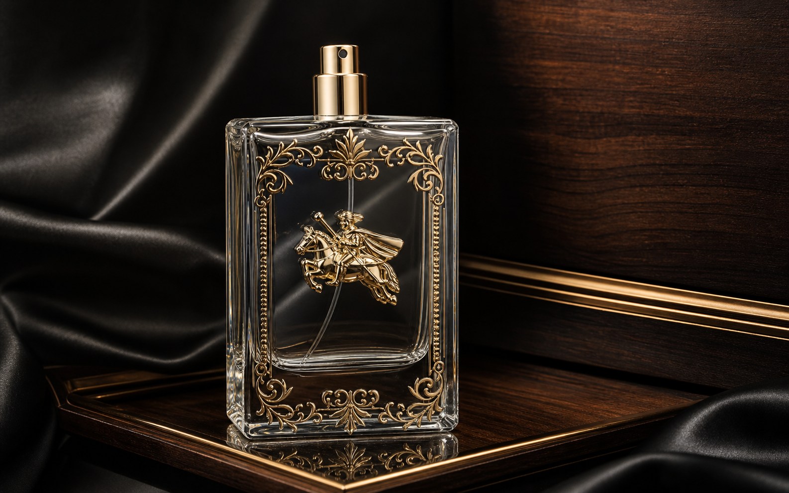 Clear premium fragrance bottle with gold metal ornament details in a dark studio setting