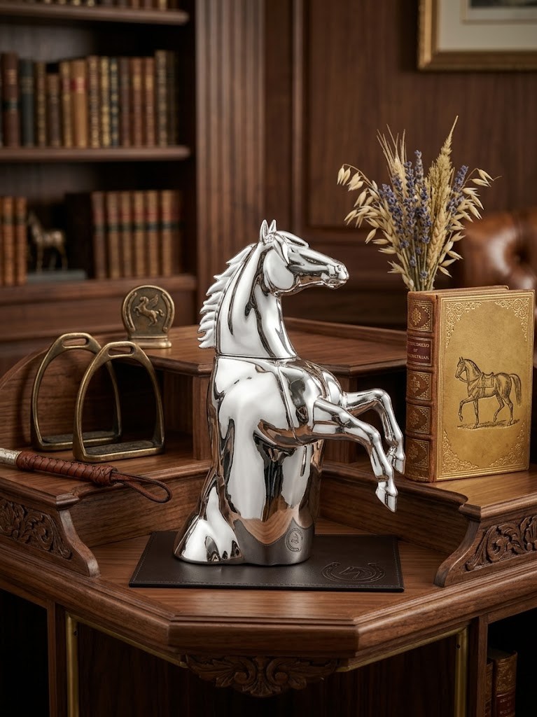 Polished metal horse-shaped fragrance component displayed in a premium wood interior setting